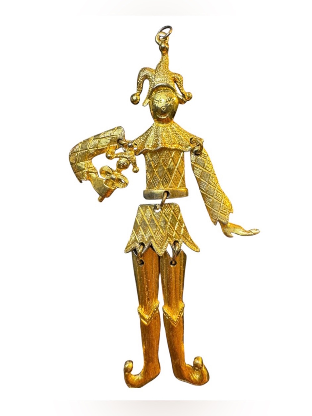 Vintage Articulated Jester Gold Tone Pendant Harlequin Rare Collectible